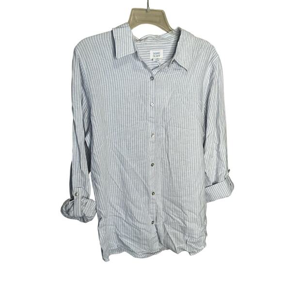 Sigrid Olsen Linen Button-Up Shirt Long Sleeves Stripped Blue White Size L NWT - Picture 1 of 4